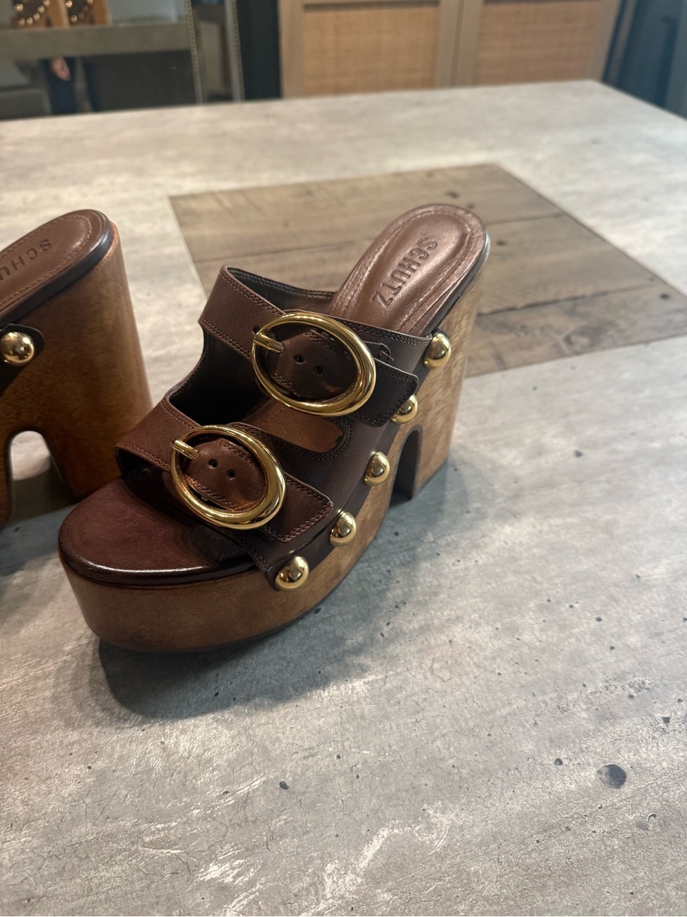 SCHUTZ Juno Brown Leather Platform Slide Sandals with Gold Accents - Picture 7 of 12